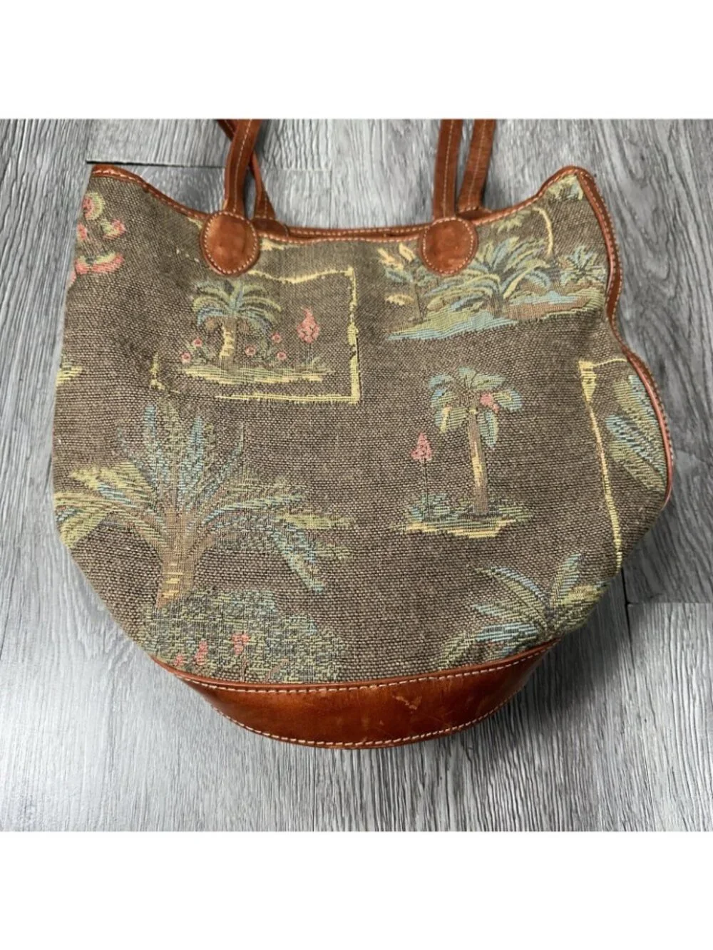 Tommy Bahama Vintage Handmade Tropical Palm Trees Canvas Round Leather Bag